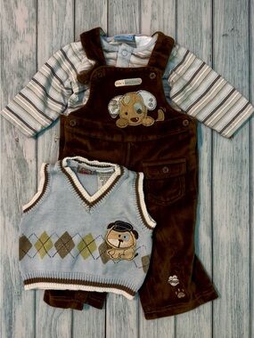 Baby's Best Friend Brown Overalls & Blue Argyle Sweater Vest Set